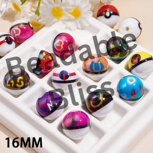 Acrylic Beads UV Coating Small Monster Series Balls with Prints, 16MM, Multi-Color, Random Mix