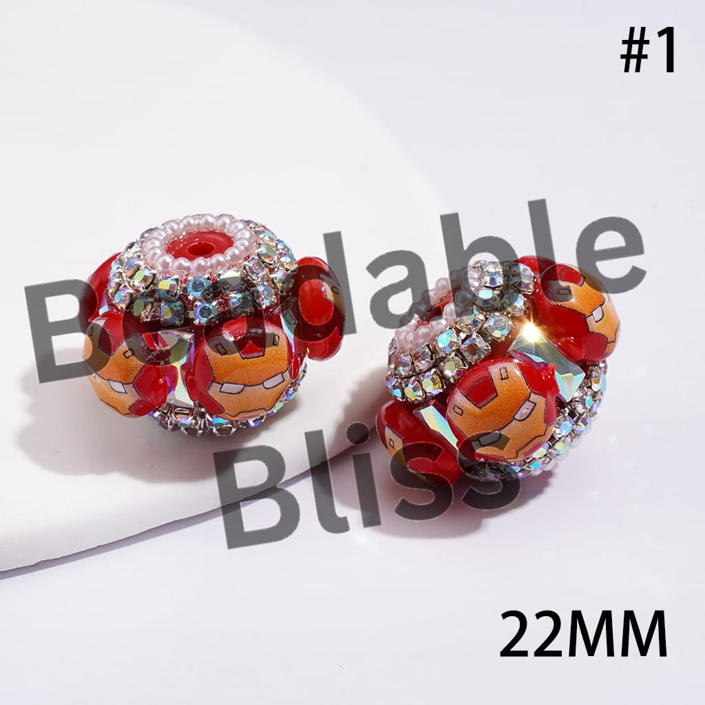 Hand-Made Acrylic Beads Strong Character Series & Dazzling Rectangle, AB Rhinestones & White Pearl Chains, 22MM