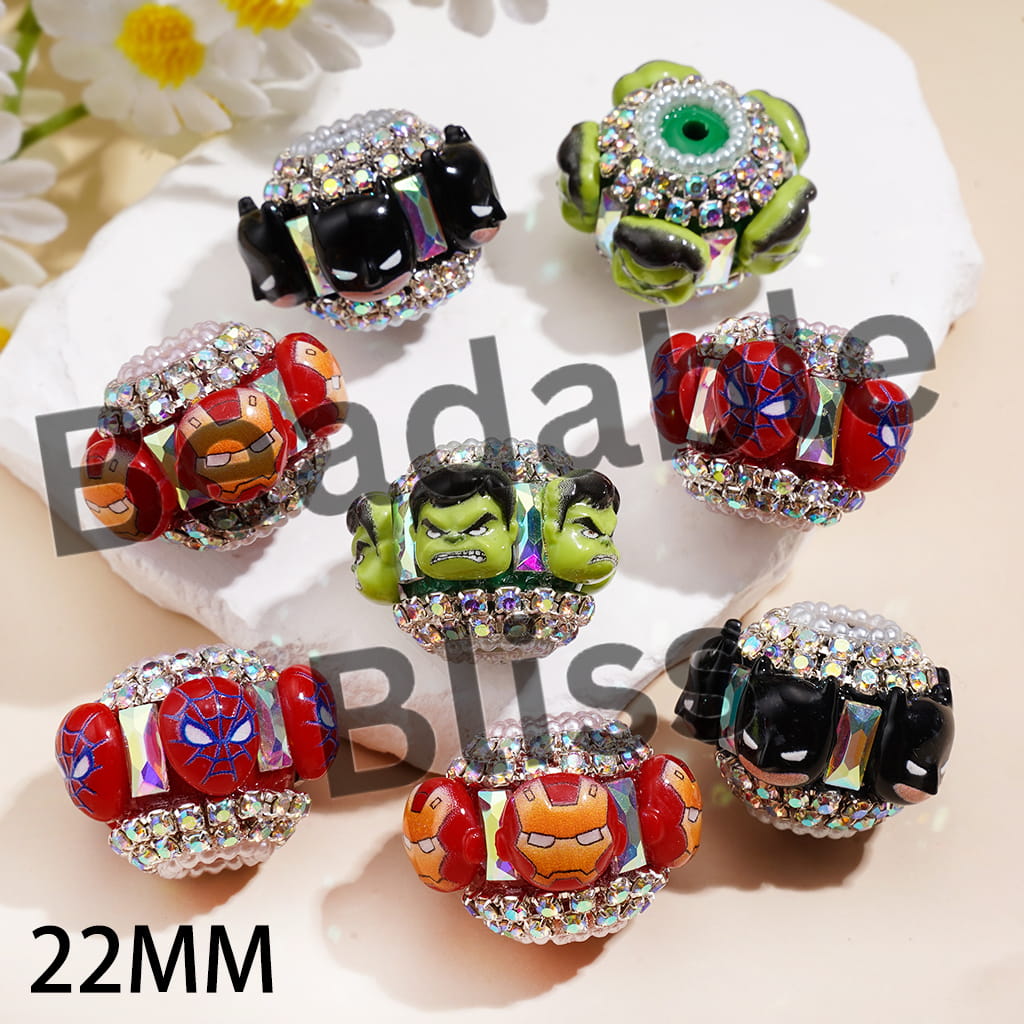 Hand-Made Acrylic Beads Strong Character Series & Dazzling Rectangle, AB Rhinestones & White Pearl Chains, 22MM