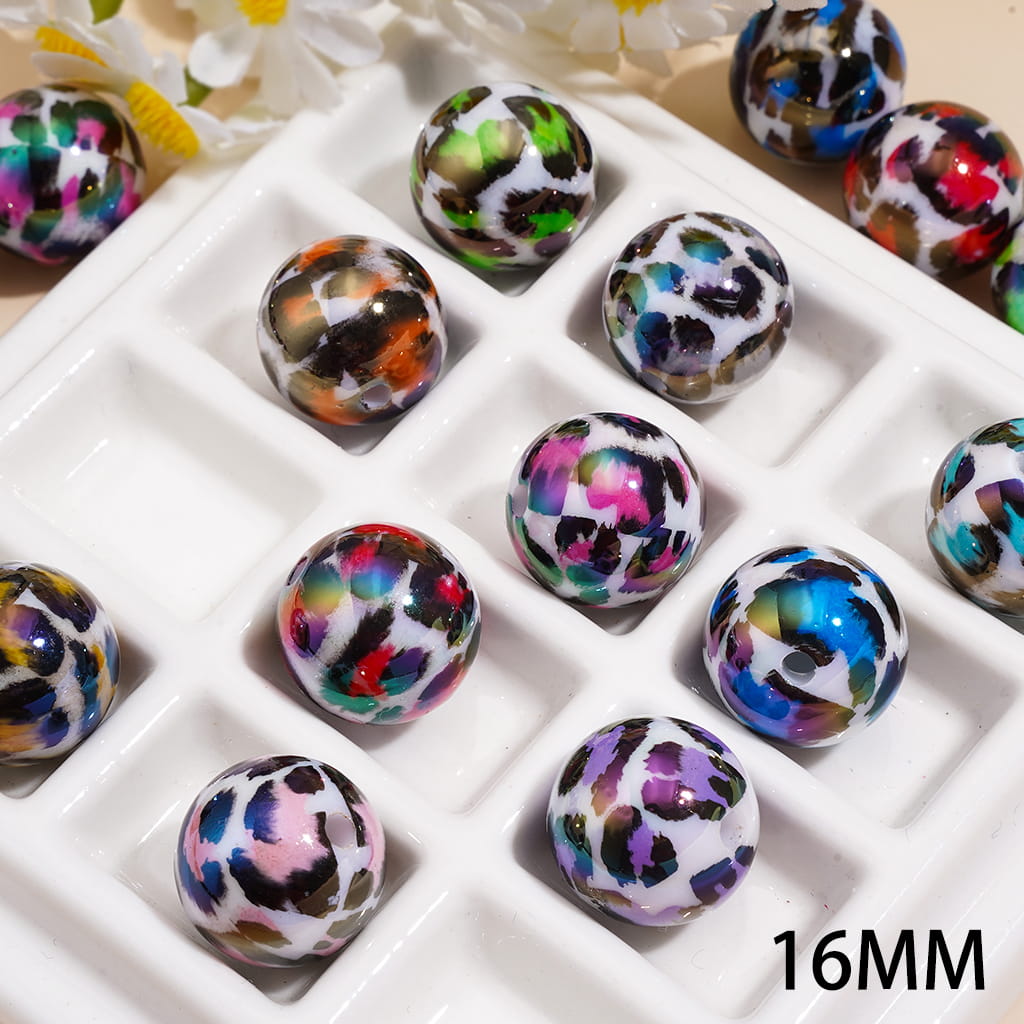 Acrylic Beads for Bracelets UV Coating with Colorful Leopard Patterns, 16MM, Random Mix