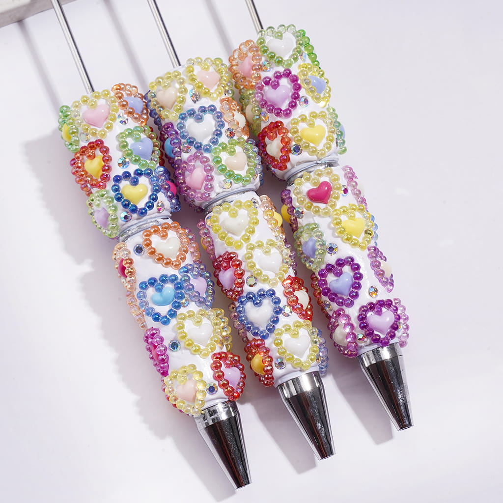 Beadable Clay Pens with Hollow Heart-Shaped Pearl Spacers in UV Coating, Solid Hearts and AB Rhinestones