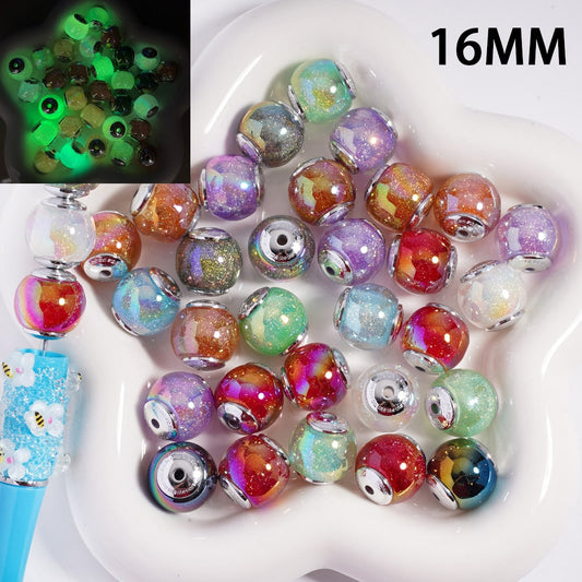 Acrylic Plastic Beads Luminous UV Coating with Shiny Glitter, 16MM, Random Mix