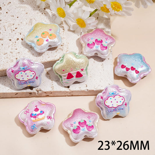 Acrylic Beads Wavy Edged Five Pointed Star with Fruit Patterns, 23*26MM, Random Mix