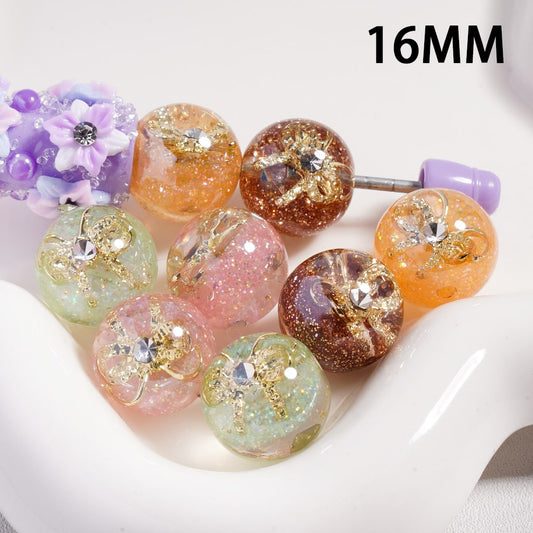 Acrylic Beads Gold Alloy Bowknot Butterfly Clear Rhinestones Colorful Glitter Inside, 16MM, Random Mix