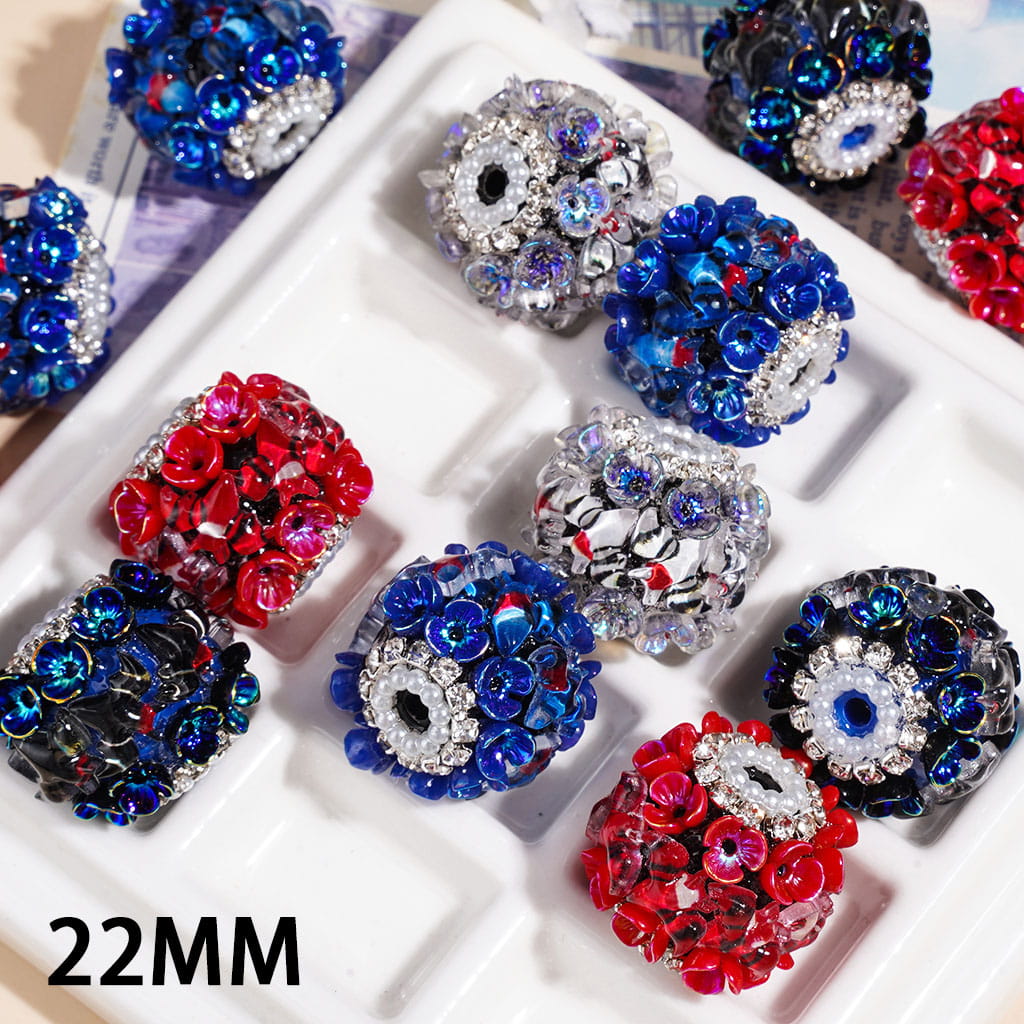 Handmade Acrylic Beads with Clear Bat & UV-Coated Flowers, Clear Rhinestone & White Pearl Chains, 22MM, Blue Red Series, Random Mix
