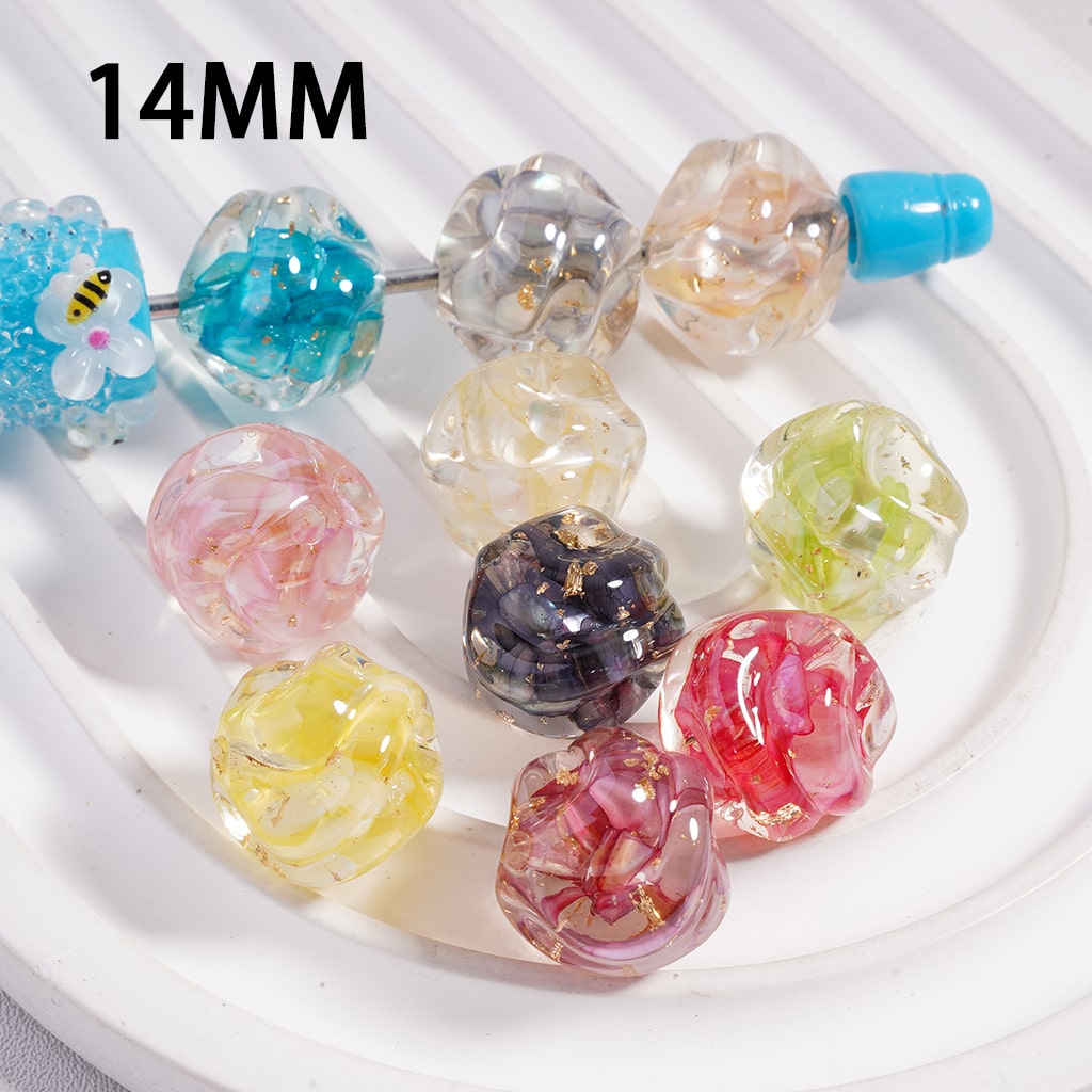 Acrylic Beads UV Coating Colorful Heliciform with Gold Foil Paper Broken Shell Flakes Inside, Transparent, 14MM