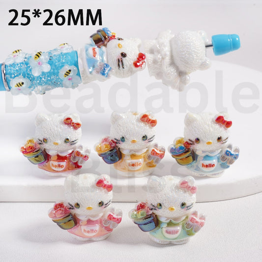 Acrylic Beads UV Coating Cute Hello Kitt Holds Flower Pot Bonsai Scissors, 25*26MM, Random Mix