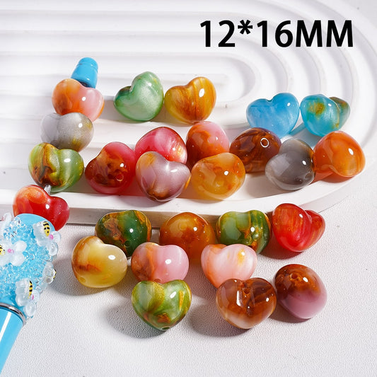 Acrylic Beads Ombre Color Marble Design Heart, 12*16MM, Random Mix