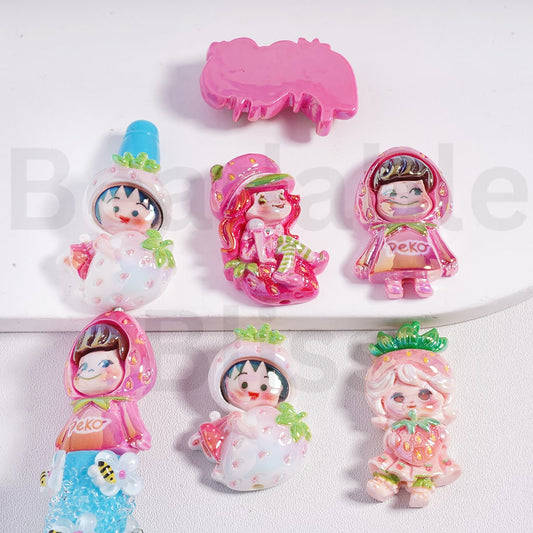 Acrylic Beads UV Coating Cute Chib Maruko-cha Pek Baby with Strawberr Shortcak Costume Series, Random Mix