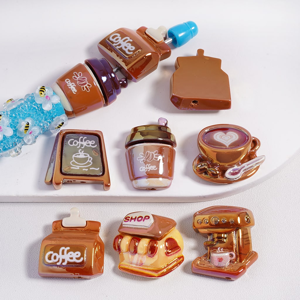 Acrylic Beads UV Coating Cute Coffee Series Espresso Machine Coffee Bean Bread, Random Mix