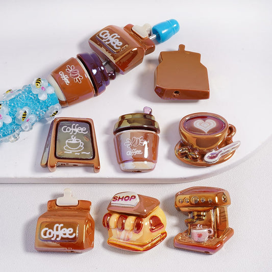 Acrylic Beads UV Coating Cute Coffee Series Espresso Machine Coffee Bean Bread, Random Mix