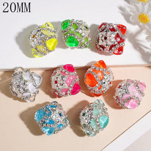 Hand-Made Acrylic Beads w Heart Rhinestones, Silver Metal Base, Clear Rhinestones & White Pearl, 20MM, Random Mix