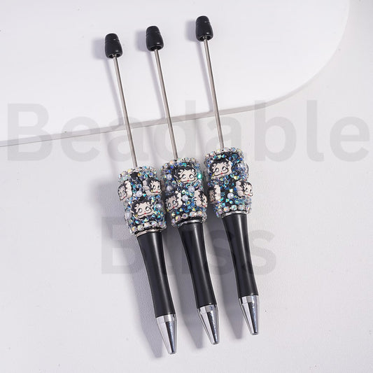 Beadable Clay Pen with Cute Bett Boo AB & Cone Shape Rhinestones White Pearls // Clay Beads Cute Bett Boo AB Rhinestones, 20MM
