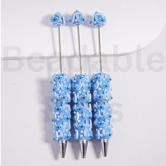 Beadable Clay Pen with Cute Blue Stitc White Pearls