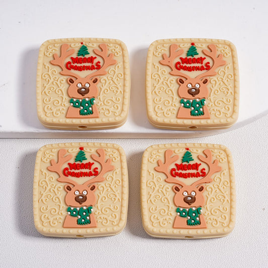 Silicone Focal Beads Merry Christmas Cute Deer, Square Shape, Beige Color