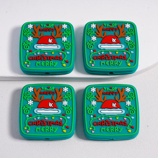 Silicone Focal Beads Merry Christmas Cute Deer Horn, Square Shape, Green Color