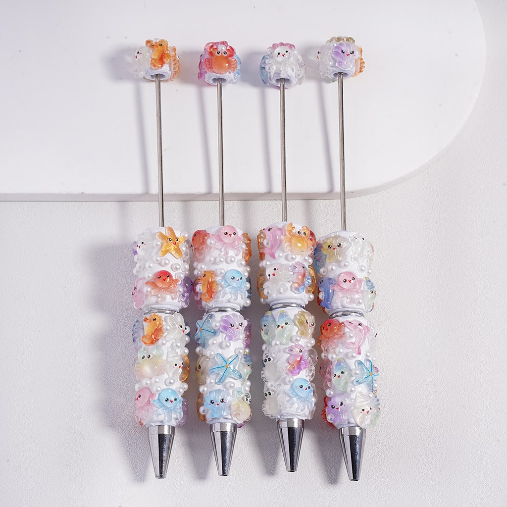 Beadable Clay Pen with Cute Marine Animals Starfish Seahorse Crab Octopus Sea Snail Dolphin White Pearls