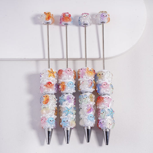 Beadable Clay Pen with Cute Marine Animals Starfish Seahorse Crab Octopus Sea Snail Dolphin White Pearls
