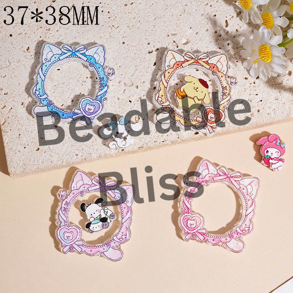 Adorable Character Acrylic Beads, Cat Head Shape Frame w Bow & Cartoon Pieces, 37*38MM Random Mix (Please Read Description)