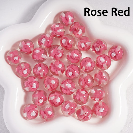 Rose red beads on a white star-shaped dish with 'Rose Red' text.

