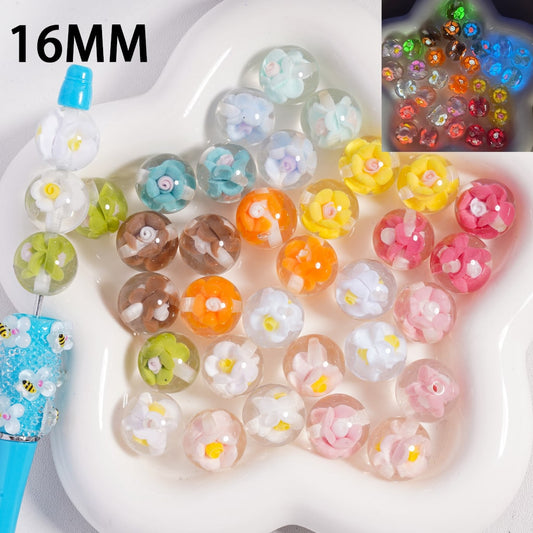 Acrylic Beads Luminous Mini Cute Flowers Inside, Clear, 16MM