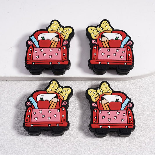 Silicone Focal Beads Cute Truck with Bow Pencil Ruler Apple Teacher School