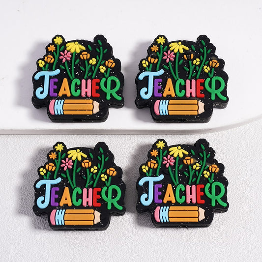 Silicone Focal Beads Cute Flowers Pencil Teacher