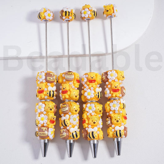 Beadable Clay Pen Cute Yellow Winni the Poo Bee Hunny Pot Flowers White Pearls
