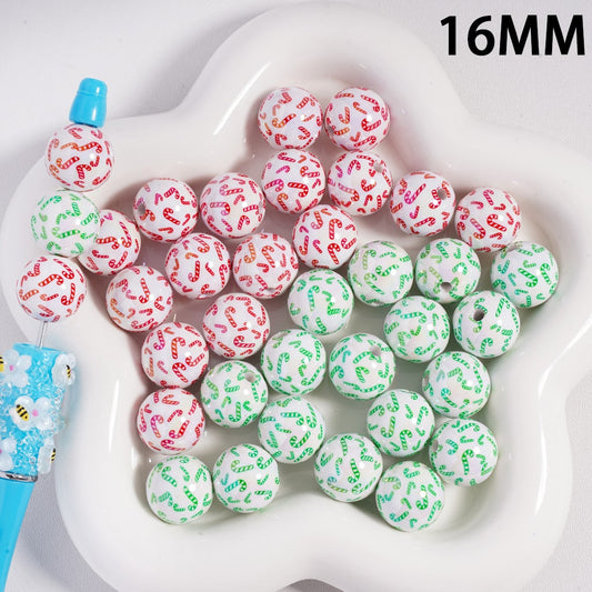 Acrylic Beads UV Coating Christmas Series Red Green Candy Cane Printed, White, 16MM (Single Color is available for 200pcs(Whole Bag) Only)