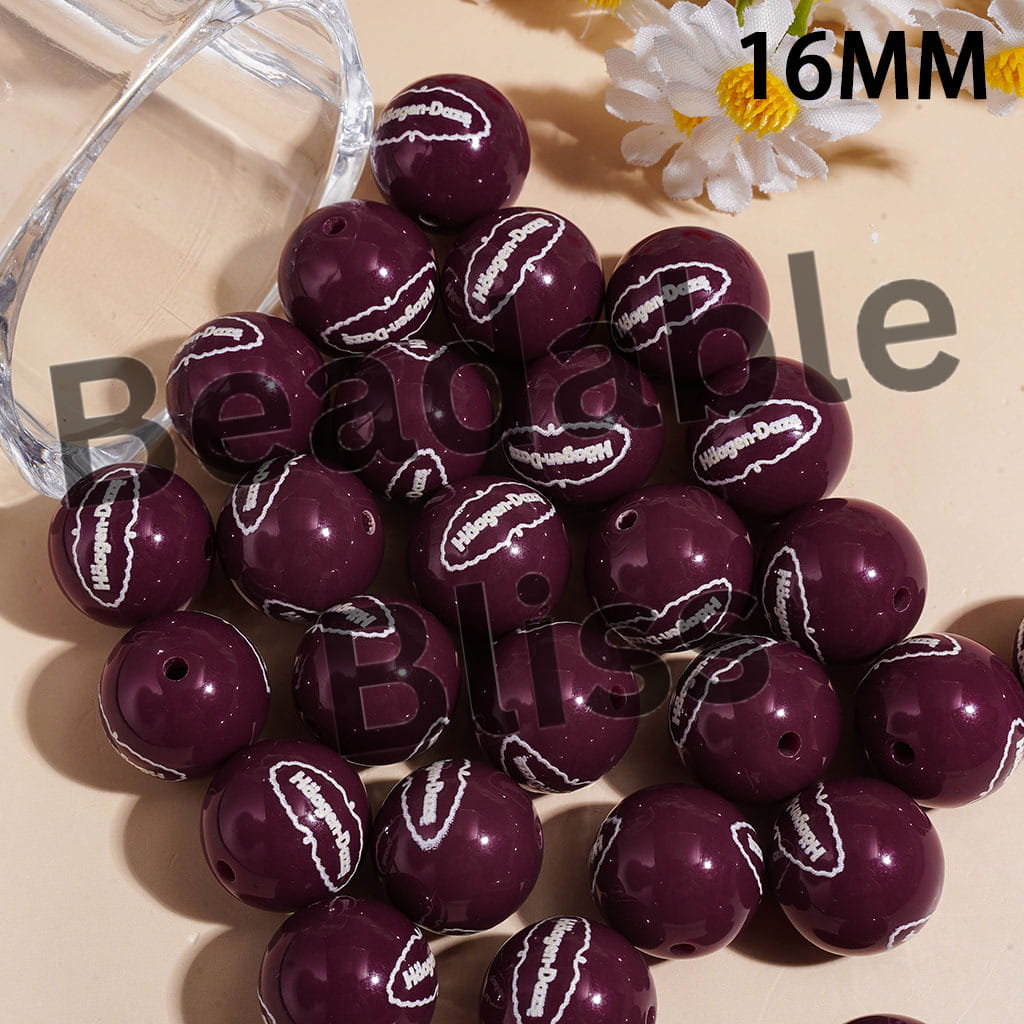Acrylic Beads for Bracelets Ice-Cream Text Label Designs, Purple Red, 16MM