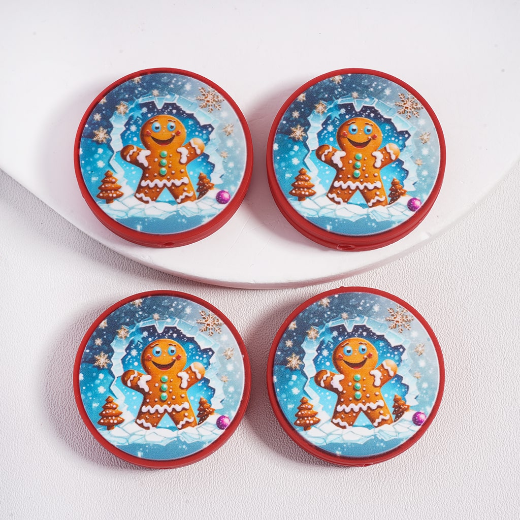 Silicone Focal Beads the Snowbound Laughing Christmas Gingerbread Man, Flat Round Shape