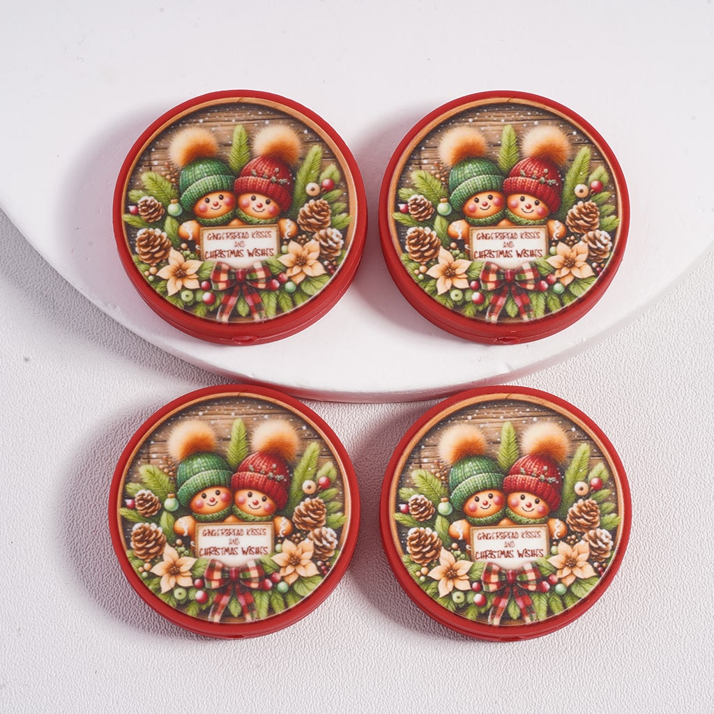 Silicone Focal Beads Gingerbread Kisses and Christmas Wishes Snowmen Pine Cone and Bowtie, Flat Round Shape