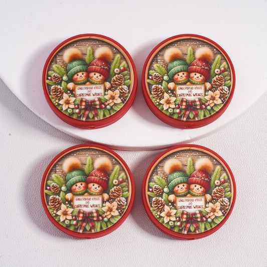 Silicone Focal Beads Gingerbread Kisses and Christmas Wishes Snowmen Pine Cone and Bowtie, Flat Round Shape