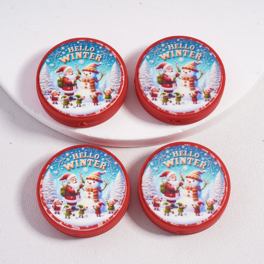 Silicone Focal Beads Hello Winter with Santa Claus and Elves Build a Snowman Christmas, Flat Round Shape