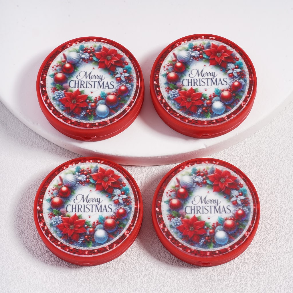 Silicone Focal Beads Beautiful Red Flowers and Wild Fruit Christmas, Flat Round Shape