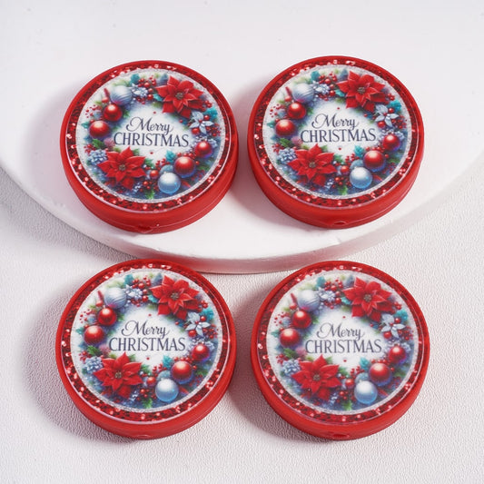 Silicone Focal Beads Beautiful Red Flowers and Wild Fruit Christmas, Flat Round Shape