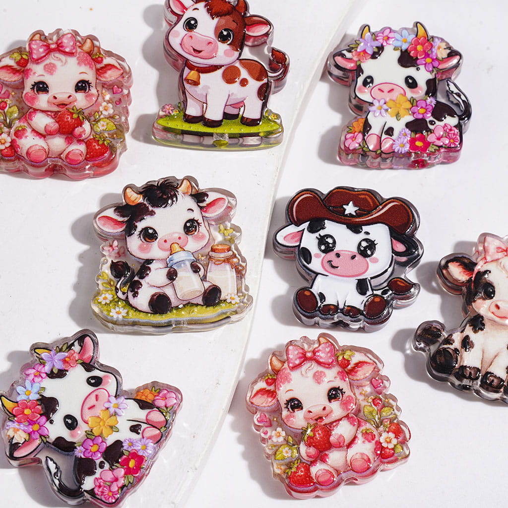 Semi-Clear Acrylic Beads Cow in Diverse Design, Random Mix