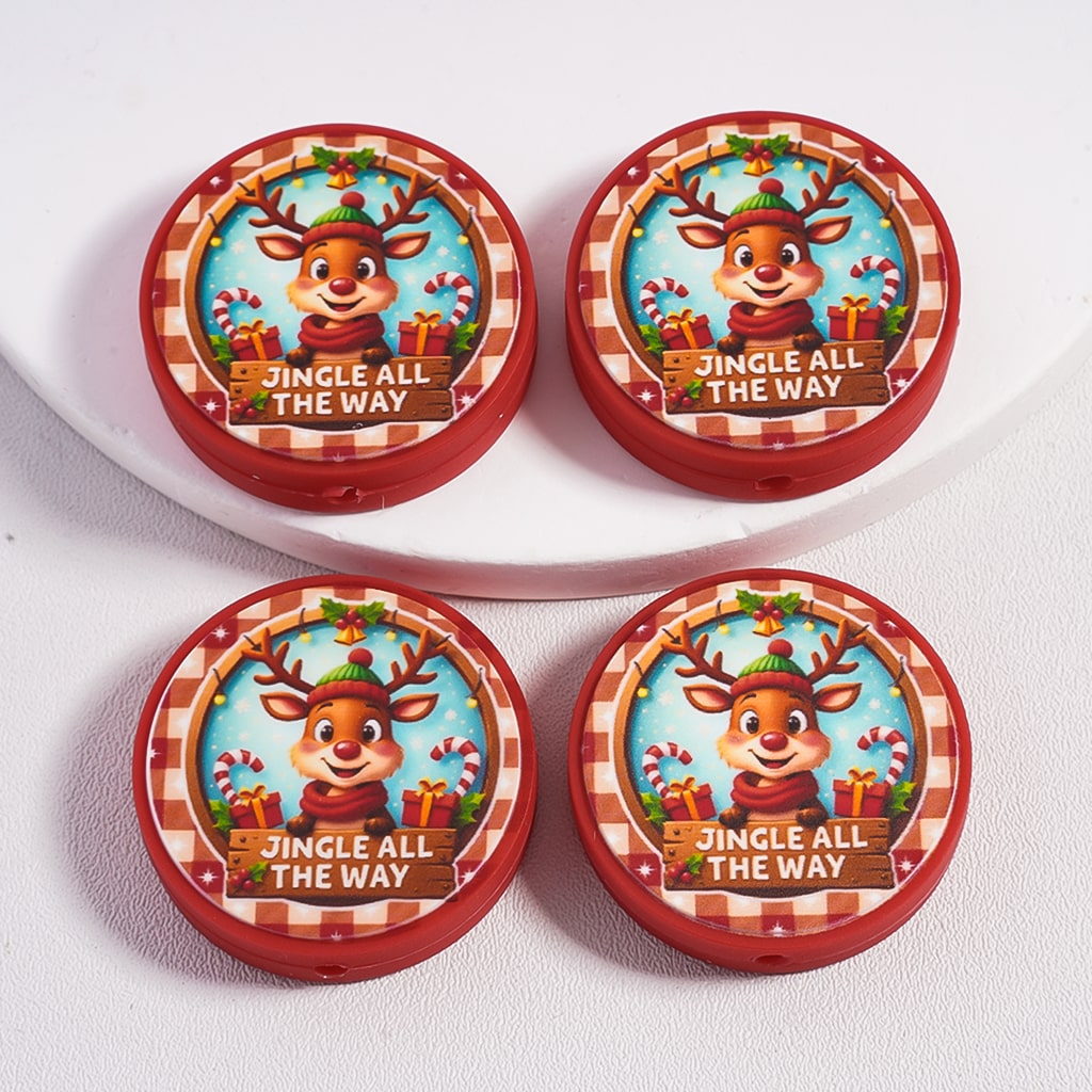 Silicone Focal Beads Cute Christmas Reindeer with Gifts and Sleigh Bells, Flat Round Shape