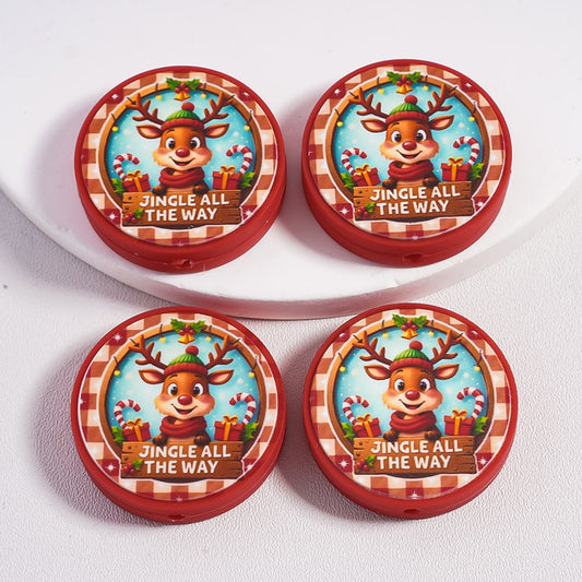 Silicone Focal Beads Cute Christmas Reindeer with Gifts and Sleigh Bells, Flat Round Shape