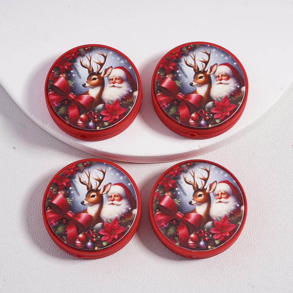 Silicone Focal Beads Santa Claus and Reindeer are Leaning Against Each Other with Red Bowtie Sleigh Bells, Flat Round Shape