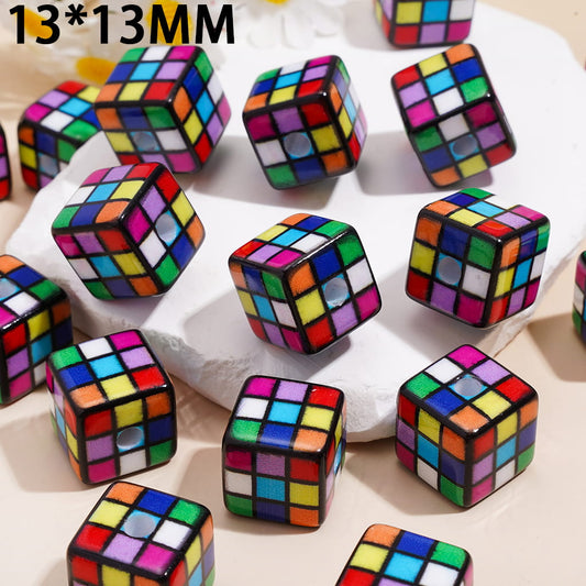 Colorful Rubik's Cube Acrylic Beads, 13*13MM, Cube Square Shape