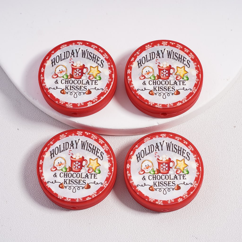 Silicone Focal Beads Holiday Wishes & Chocolate Kisses Christmas with Cute Snowmen Red Cup Yellow Stars, Flat Round Shape