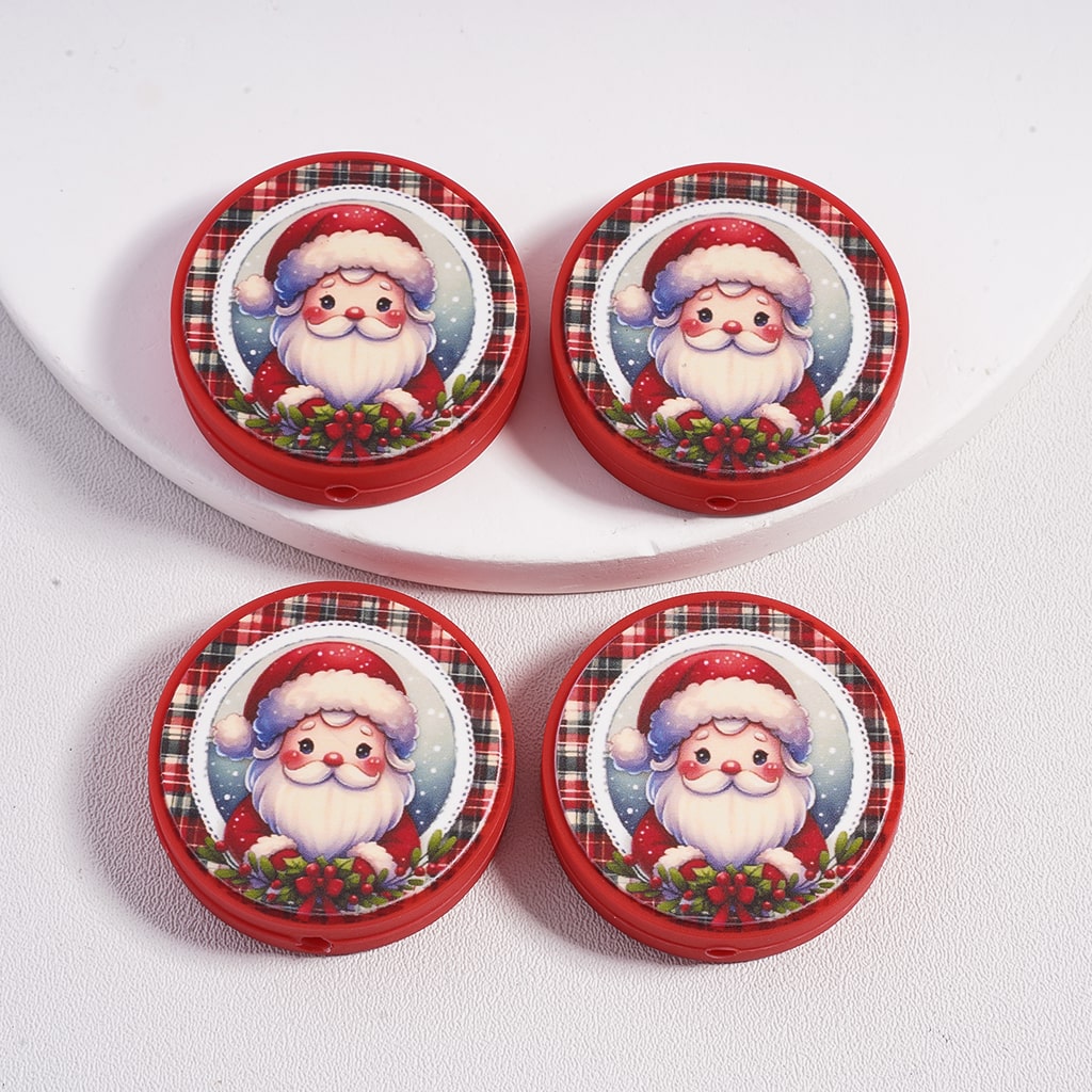 Silicone Focal Beads Cute Cartoon Santa Claus Holding Christmas Wreath,  Flat Round Shape