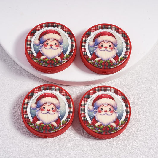 Silicone Focal Beads Cute Cartoon Santa Claus Holding Christmas Wreath,  Flat Round Shape