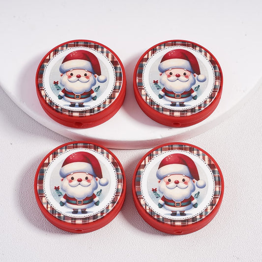 Silicone Focal Beads Santa Claus Christmas with Red Hat Flower and Leaves, Flat Round Shape