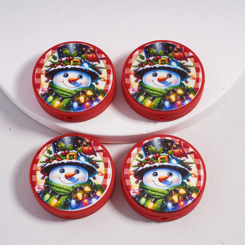 Silicone Focal Beads Cute Snowman Christmas with Black Magic Hat Green Scarf, Flat Round Shape