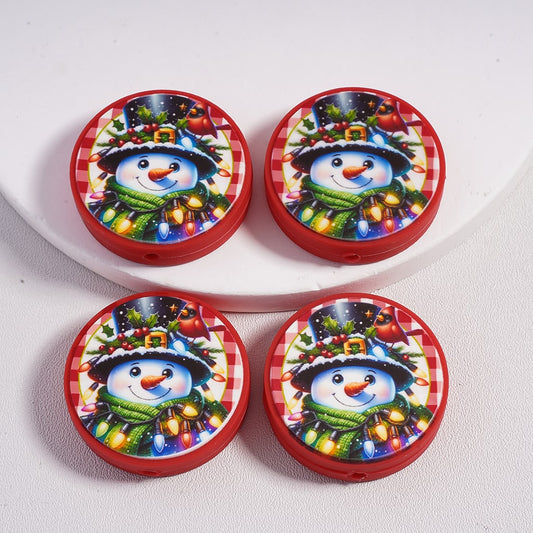 Silicone Focal Beads Cute Snowman Christmas with Black Magic Hat Green Scarf, Flat Round Shape