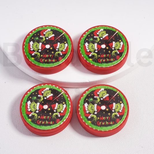 Silicone Focal Beads Cute Green Monster Grinc with Red Christmas Hat, Red Flat Round Shape