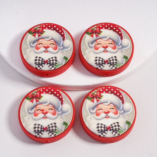Silicone Focal Beads Cute Father Christmas Sant Clau with Red Christmas Hat, Red Flat Round Shape