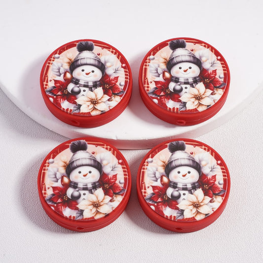 Silicone Focal Beads Cute Snowman Flowers, Red Flat Round Shape